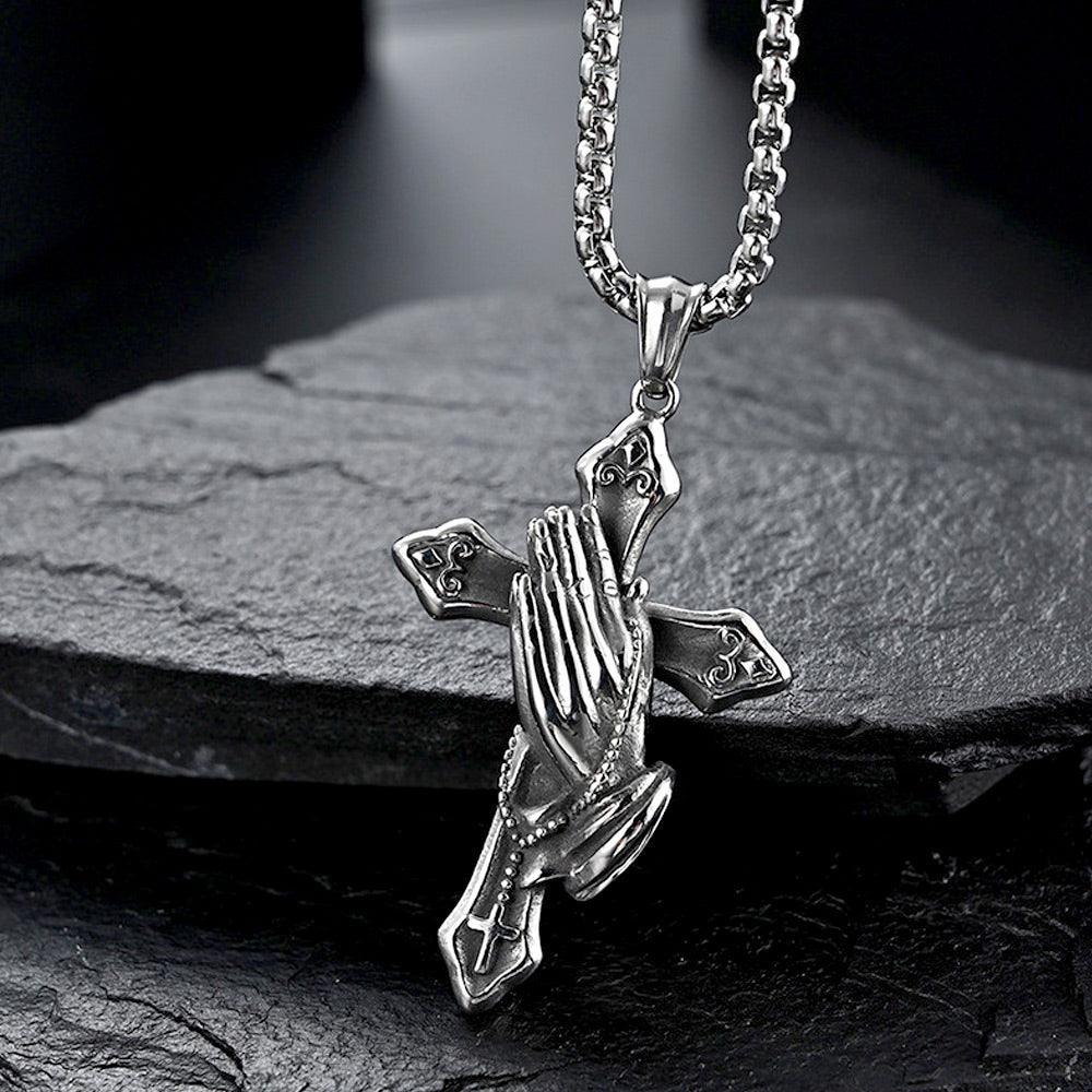 Tavros Prayer Cross Silver Necklace