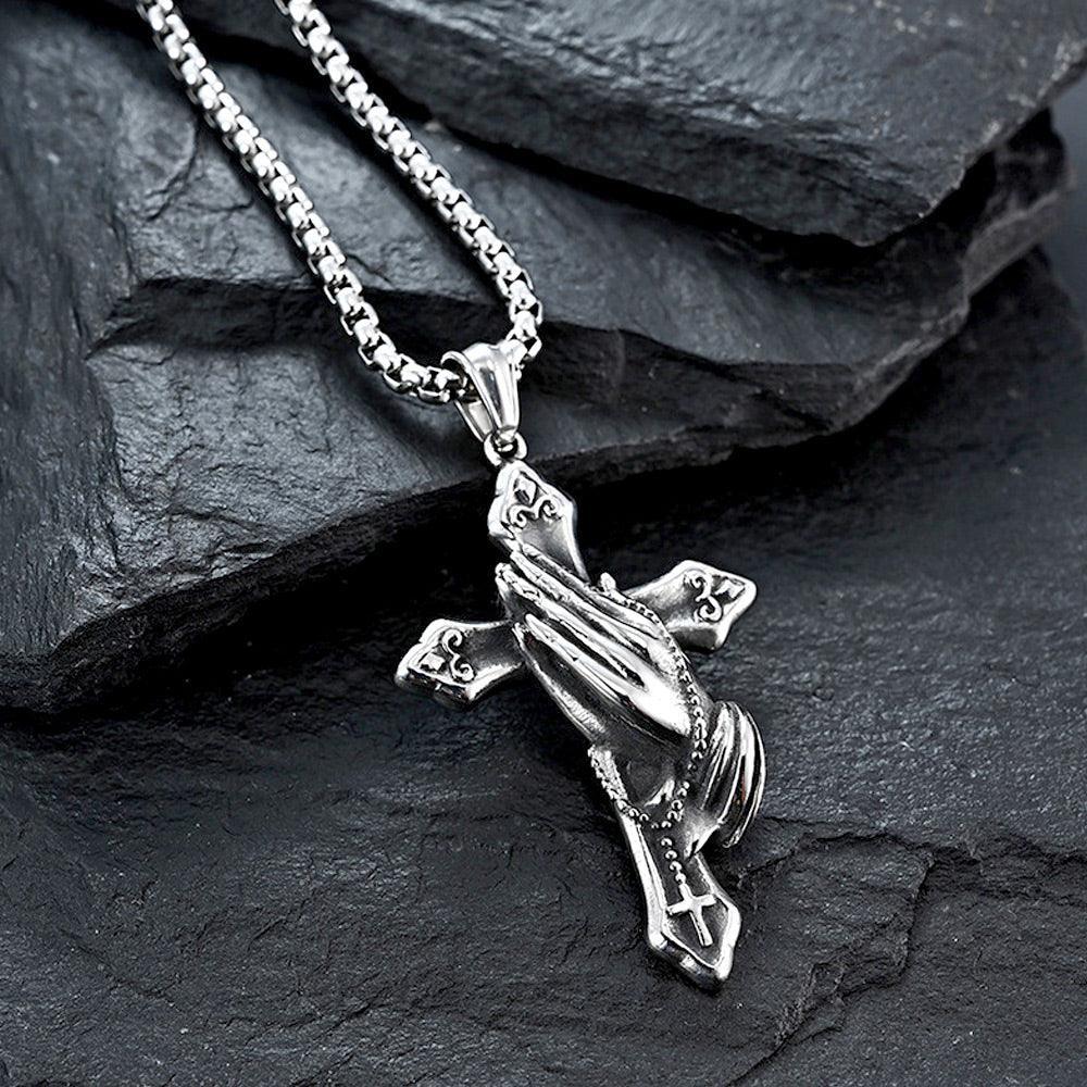 Tavros Prayer Cross Silver Necklace