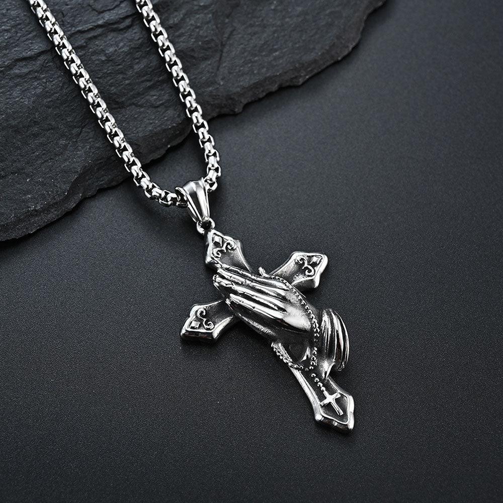 Tavros Prayer Cross Silver Necklace