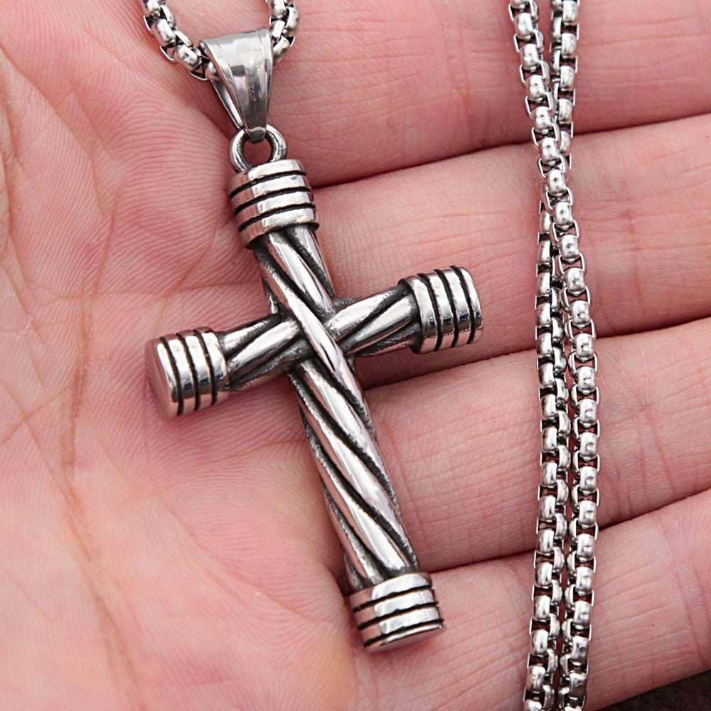 Tavros Silver Spiral Cross Stainless Steel Necklace
