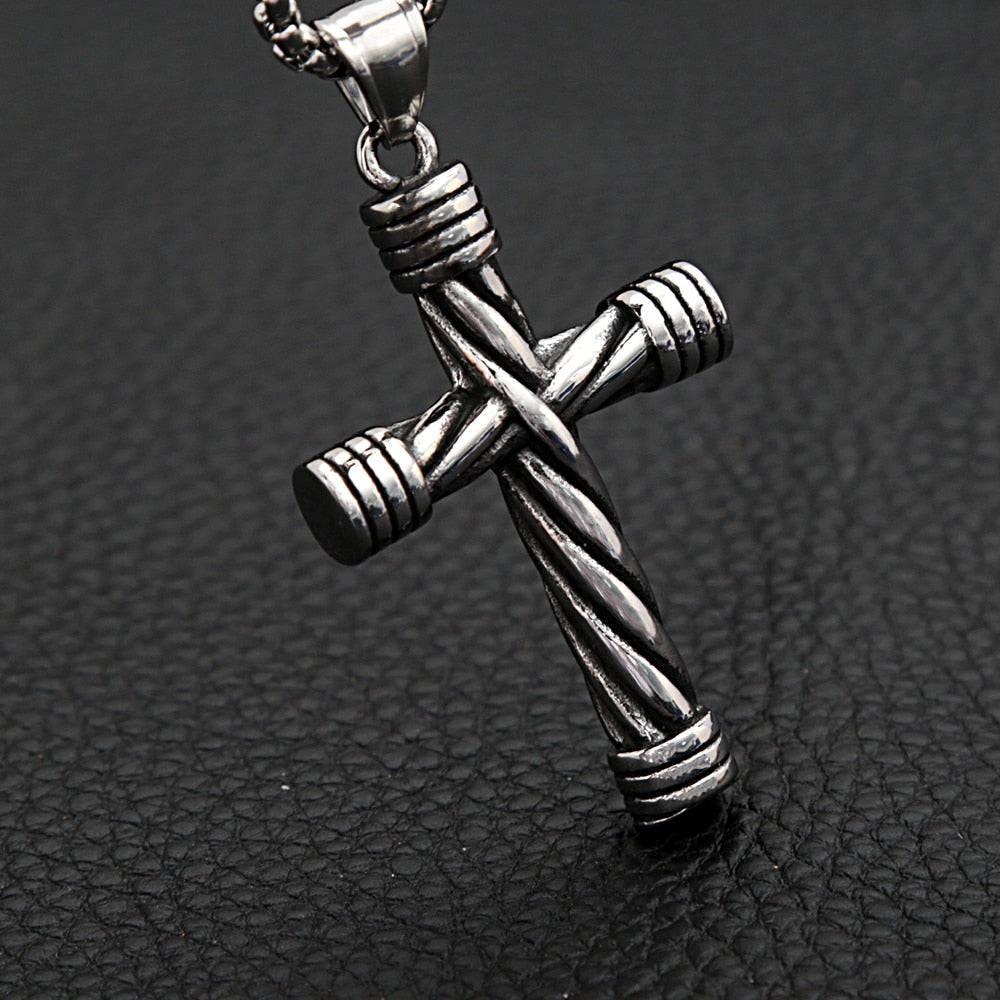 Tavros Silver Spiral Cross Stainless Steel Necklace