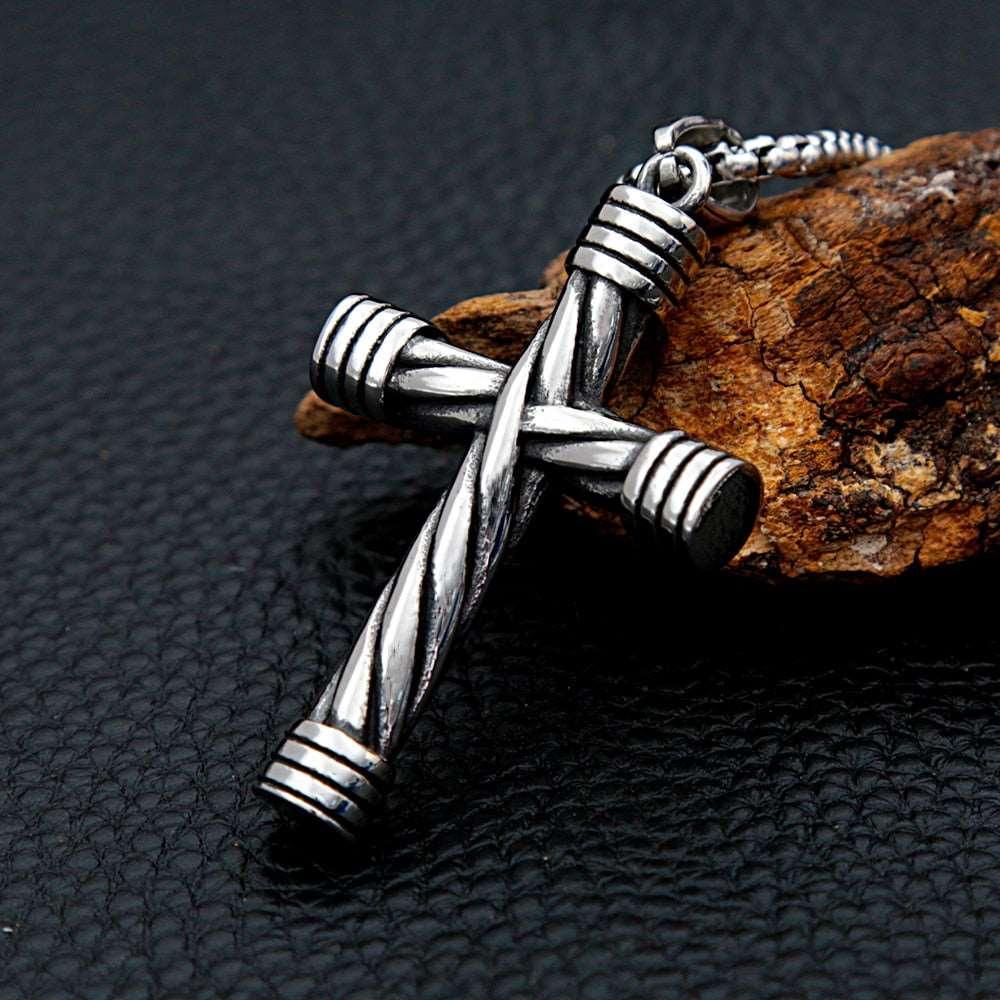 Tavros Silver Spiral Cross Stainless Steel Necklace