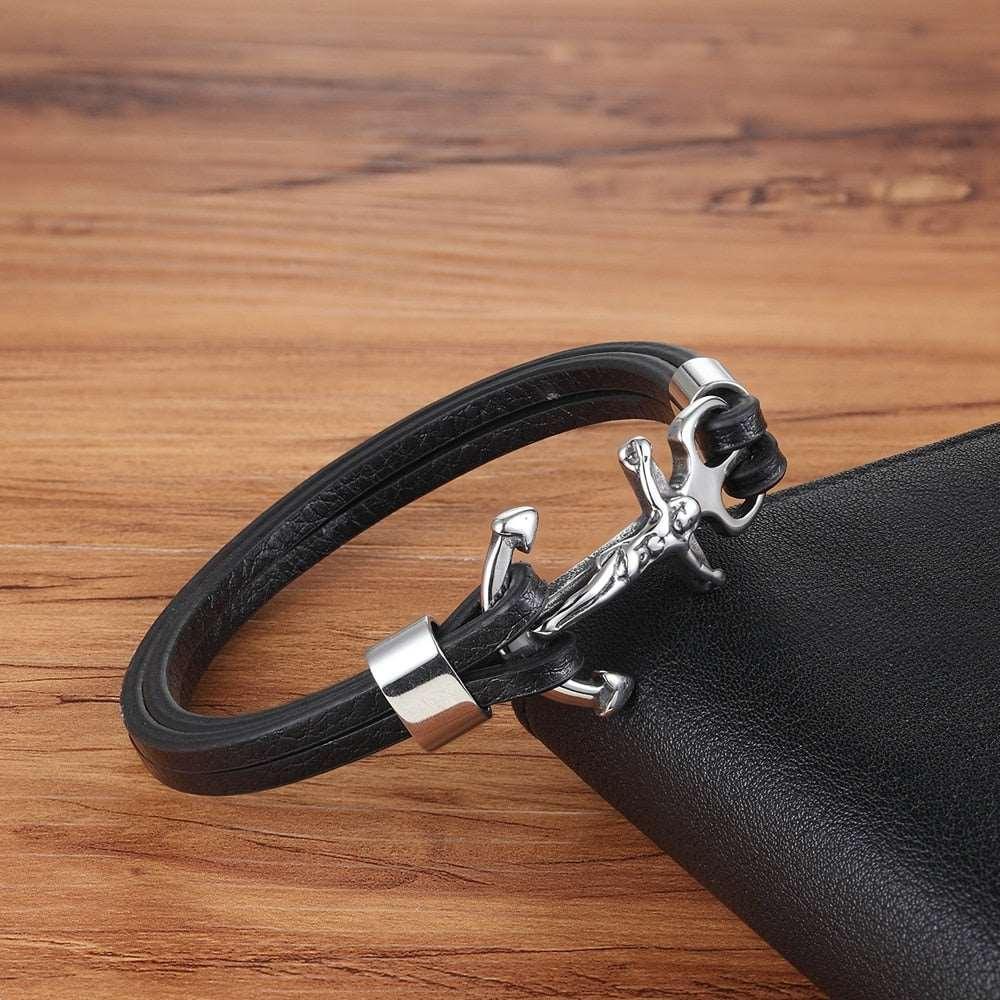 Tavros Christ Anchor Leather Bracelet
